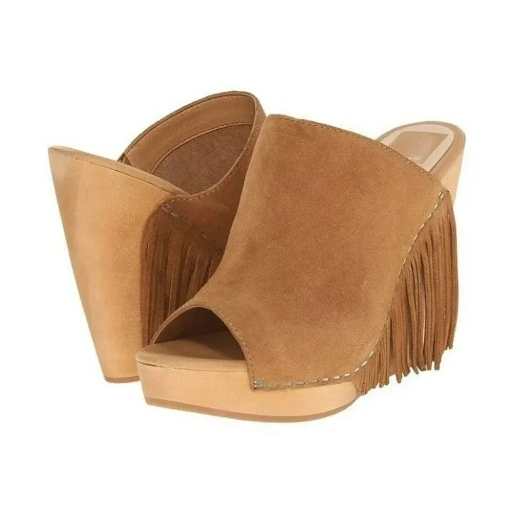 DOLCE VITA Cai Camel Suede Goring Fringed Wedge Slip On Leather Sandals 10 M